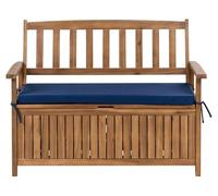 Beliani Banc de Jardin avec Rangement Rustique en Bois d'Acacia 120 cm avec Coussin en Tissu Bleu Sovana