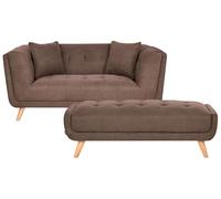 Beliani Canapé avec Pouf Retro en Tissu 2 Places Pieds en Bois Coussins Décoratifs Marron Foncé Habo