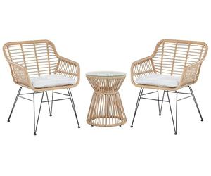 Beliani Ensemble Bistrot avec Coussins Naturel Polyrotin pour 2 Personnes | Boho, Revêtu de poudre, À assembler entièrement, Pour Extérieur, 59 x 65 x 80 cm