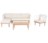Beliani Ensemble de Salon de Jardin Côté Droit en Bois d'Acacia et Rotin Synthétique 4 Places avec Coussins Fauteuil et Table Basse Blanc Cremona