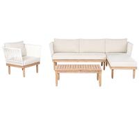 Beliani Ensemble de Salon de Jardin Côté Gauche en Bois d'Acacia et Rotin Synthétique 4 Places avec Coussins Fauteuil et Table Basse Blanc Cremona