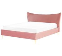 Beliani Lit avec Sommier Velours Rose Pêche 180x200 Double en Tête Concave | Tissu, À assembler entièrement, Charge Max 320 kg
