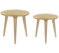Beliani Lot de 2 Tables d'Appoint Dorées en Bois de Manguier Motif de Plantes Rond Narra