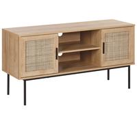 Meuble TV Buffet Design Effet Bois Clair avec 2 Portes Cannage en Rotin et Trous Passe Câbles Cabinet Tendance pour Intérieur Rétro et Boho Beliani