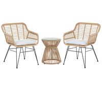Beliani Petit Salon de Jardin 2 Personnes en Rotin Clair avec Coussins Gris Résistant aux Rayons UV pour Terrasse ou Balcon au Style Rustique et Boho