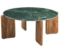 Beliani Table Basse Moderne avec Plateau en Marbre et Pieds en Bois de Manguier Marron Ronde 80 cm Salon Vert Foncé Luno