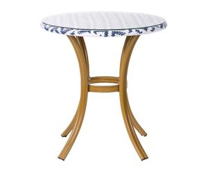 Beliani Table de Jardin ou Terrasse Type Bistro Ronde 70 cm Motifs Bleus et Blancs en Rotin Design Moderne et Boho