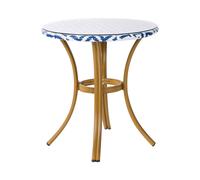Beliani Table de Jardin ou Terrasse Type Bistro Ronde 70 cm Motifs Bleus et Blancs en Rotin Design Moderne et Boho
