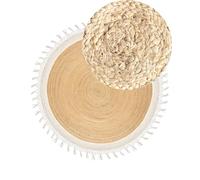 Beliani Tapis Boho Rustique en Jute ø 200 cm Naturel Tressé à la Main Rond Beige et Blanc Marts