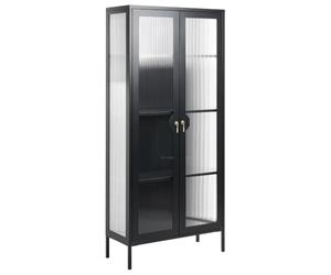 Beliani Vitrine Industrielle en Métal avec Porte Verre Cannelé Étagères Meuble de Rangement Noire Gleora