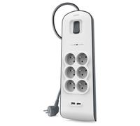 Belkin - BSV604ca2M - Multiprise/Parafoudre 6 Prises avec 2 Ports USB Intégrés - Cordon de 2m - Blanc (Protection jusqu'à 650 joules)