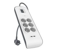 Belkin - BSV604ca2M - Multiprise/Parafoudre 6 Prises avec 2 Ports USB Intégrés - Cordon de 2m - Blanc (Protection jusqu'à 650 joules)