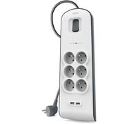 Belkin - BSV604ca2M - Multiprise/Parafoudre 6 Prises avec 2 Ports USB Intégrés - Cordon de 2m - Blanc (Protection jusqu'à 650 joules)