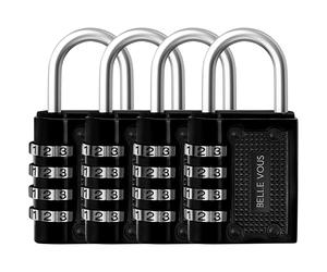 Belle Vous Cadenas Code 4 Chiffres Noir - Lot de 4 - 4,8 x 4 x 1,6 cm - Cadenas Exterieur/Interieur de Sécurité Résistant et Imperméable pour Casier de Gym et d’Ecole, Clôture et Portails