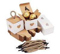 Belle Vous Lot de 50 Petite Boite Cadeau Blanche et Marron avec Coeurs - 5,5 x 5,5 x 5,5 cm - Boite Papier Kraft pour Anniversaire, Gouter, Naissances - Boite Dragée pour Mariages