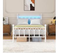 BELLEMAVE Cadre de Lit Métallique 120×200cm - tête de lit, éclairage LED + Station de Recharge USB - Lattes de Soutien - Blanc