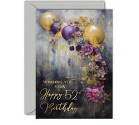Belles cartes d'anniversaire dorées pour homme et femme - Ballons de fête dorés - Jolie carte d'anniversaire traditionnelle élégante pour femme de 52 ans, homme, elle, lui, A5, magnifiques cartes de