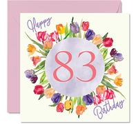 Belles cartes d'anniversaire pour 83e anniversaire pour femme - Bouquet de tulipes aquarelles - Carte d'anniversaire pour elle grand-mère maman cadeau d'anniversaire