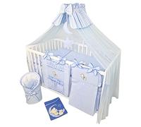 Bello24 - 16 pièces lit bébé lit et literie Ensemble Complet Timmi Compris Matelas réglable en Hauteur pour Nouveau-nés bébés et Jeunes Enfants en Bois Massif (Ourson Lune - Bleu)