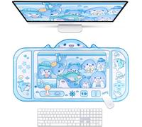 BelugaDesign Sous-main requin | Grand tapis de souris Kawaii, clavier animé mignon, PC de jeu, souris pour ordinateur portable | Protecteur de buvard de bureau bleu rose pastel lavable en machine