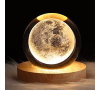 belupai Veilleuse en forme de boule de cristal 3D transparente sculptée avec base en bois, décoration de table, cadeau pour enfants et amis (lune)