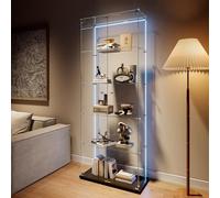 belupai Vitrines 5 étagères en Verre 78.5x34.5x186.5cm,Vitrine sur Pied en Verre avec LED et 2 Porte,Transparent Armoire de Rangement Moderne AVCE Serrure,Vitrine de Collection pour Livres,Noir