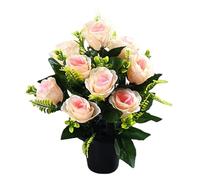 Bemonew Fleurs de cimetière pour Tombe, 15 Pouces, 12 têtes de Roses artificielles avec Pot, Fleurs funéraires en Soie pour Pierres tombales