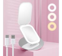 Benbilry Miroir de voyage compact éclairé avec 3 lumières de couleur et grossissement 1X/3X, miroir de poche rechargeable ultra fin pour sac à main, double face, portable, pliable, blanc