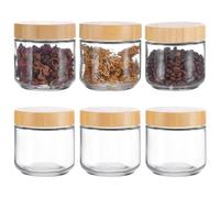 BENECREAT Paquet de 6 Pots de Rangement en Verre de 350ml avec Couvercles en Bois, Contenants de Rangement de Cuisine, Pots en Verre Cylindriques pour Rangement d'Aliments Secs et Snacks, Mocassin