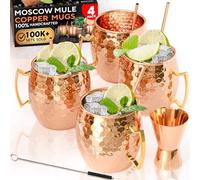 BENICCI Lot de 4 tasses Moscow Mule en cuivre massif 100% fabriquées à la main - Tasses en cuivre massif pur de qualité alimentaire - Coffret cadeau de 473,6 g avec pailles en cuivre de qualité