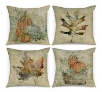 Benjia Lot de 4 pièces Housses de Coussin Déco Automne 45x45 cm, Aquarelle Citrouille Feuille d'érable Taies d'oreiller pour Ferme Thanksgiving Halloween Literie 45 x 45 cm
