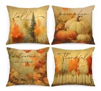 Benjia Lot de 4 pièces Housses de Coussin Déco Automne 45x45 cm, Aquarelle Citrouille Forêt Feuille d'érable Taies d'oreiller pour Ferme Thanksgiving Halloween Literie 45 x 45 cm