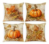 Benjia Lot de 4 pièces Housses de Coussin Déco Automne 45x45 cm, Aquarelle Feuille d'érable Citrouille Taies d'oreiller pour Ferme Thanksgiving Halloween Literie Gris 45 x 45 cm