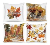 Benjia Lot de 4 pièces Housses de Coussin Déco Automne 45x45 cm, Aquarelle Vélo forêt Feuille d'érable Taies d'oreiller pour Ferme Thanksgiving Halloween Literie Sarcelle 45 x 45 cm