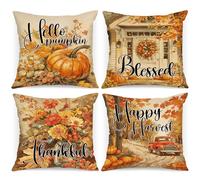 Benjia Lot de 4 pièces Housses de Coussin Déco Automne 45x45 cm, Aquarelle Voiture de Chasse Citrouille Feuille d'érable Taies d'oreiller pour Ferme Thanksgiving Halloween Literie Sarcelle 45 x 45 cm