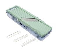 Benriner BN-3GR Mandoline japonaise à main avec 3 lames interchangeables en acier inoxydable - Coupe-légumes et fruits - Vert - Plateau récupérateur