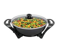 BEPER P101COS100 Wok électrique 33 cm, 1500 W, revêtement antiadhésif en céramique, thermostat réglable, 5 litres, couvercle en verre, idéal pour sauter, frire et mijoter.
