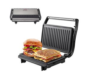 BEPER P101TOS003 Gril électrique compact, plaque antiadhésive, grille-pain, sandwichs, viandes, légumes - Plaques auto-ajustables, poignée isotherme et enrouleur de cordon intégré