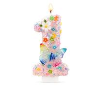 Beqilosa Bougie d'anniversaire Scintillante 1» avec Papillon et Fleur | Topper de gâteau pailleté rose pour femmes et filles, déco de premier anniversaire, fête de princesses ou baby shower