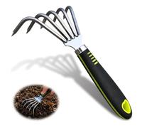 Beqilosa Râteau de Jardin à 5 Dents pour déterrer Les Coquillages, Vert | Râteau de jardin à griffes, scarificateur, style japonais, acier inox haute résistance, manche antidérapant, désherbeur