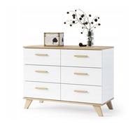 BERGEN Buffet scandinave 100 cm sur pieds Bois et Blanc 6 tiroirs
