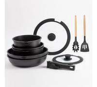 BERGNER Batterie de cuisine avec poignée amovible 2 poêles, 2 casseroles, 1 sauteuse, 2 couvercles et 2 ustensiles - En fonte d'aluminium - Revêtement antiadhésif marbre noir
