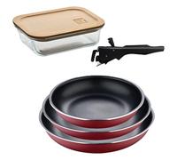Bergner Click&Cook Lot de 3 poêles Ø18Ø20Ø24cm Aluminium pressé rouge avec manche amovible + Hermétique de 650 ml en verre borosilicate