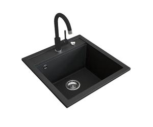 Bergström Evier, Noir, 49x50cm | avec robinetterie noire, installation réversible avec égouttoir pratique