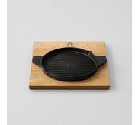 Berkel Poêle à barbecue rouge avec support en bois de chêne 40 x 25 cm - Poêle de service, poêle à grill, poêle en fonte avec planche en bois, accessoire de cuisine de qualité supérieure pour viande