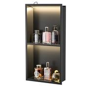 Bernkot Douche murale en acier inoxydable avec LED, étagère de douche encastrée, double couche, niche de salle de bain, 60 cm x 30 cm, pas de carrelage nécessaire, noire