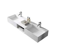 BERNSTEIN - Double Vasque Lavabo Rectangulaire à poser/suspendre fonte minérale Lave main mural Blanc mat 150x45x20cm + Etagère - Design, Robuste & Durable - TWG235