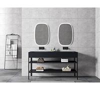 BERNSTEIN - Double Vasque Lavabo Rectangulaire à poser/suspendre Quartz Noir 153x45x15cm fonte minérale Lave main mural + Console métallique sur pieds - Design, Robuste & Durable - TWG16