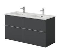 BERNSTEIN - Meuble double vasque suspendu salle de bain MDF Anthracite mat, lavabos céramique Blanc brillant, poignée métal Chrome + trous robinet - 121x64x47cm - LAVOA