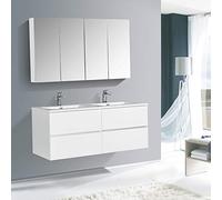 BERNSTEIN - Meuble double vasque suspendu salle de bain MDF Blanc brillant, lavabo Marbre Blanc brillant + trou robinet & 4 tiroirs - 130x52x52cm - EDGE 1300